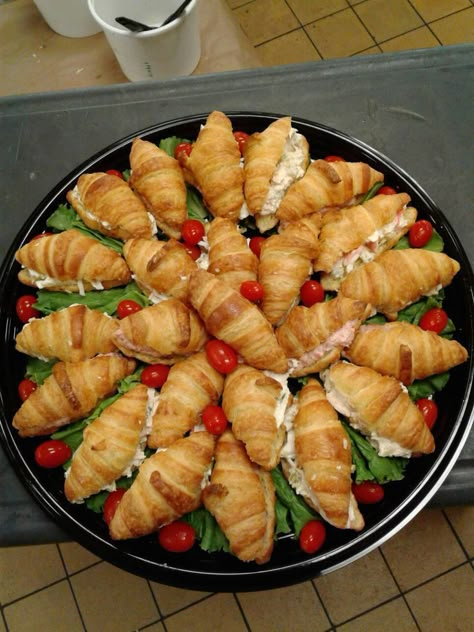 Mini croissant sandwich tray Lol I actually made this tray ,this is my pic, so yummmy | Tea party food, Party food appetizers, Party food platters Graduation Party Appetizers, Tea Party Sandwiches, Mini Croissant, Sandwich Tray, Croissant Sandwich, Mini Croissants, Party Sandwiches, Party Food Buffet, Catering Ideas Food