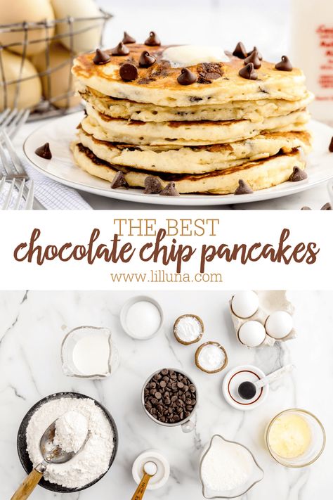 Deliciously fluffy chocolate chip pancakes are perfect for even the biggest kid. Whip them up for breakfast or dessert! #chocolatechippancakes #chocolatechip #pancakes #breakfast #easybreakfast White Chocolate Pancakes, Best Chocolate Chip Pancakes, Fluffy Chocolate Chip Pancakes, Homemade Chocolate Chip Pancakes, Slow Cooker Recipes Soup, Chocolate Chip Pancake Recipe, Pasta Recipes Crockpot, Overnight Breakfast Casseroles, Bacon Grits