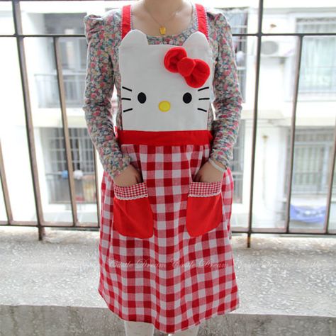 Hello Kitty Apron Princess Aprons, Apron Ideas, White Lattice, Hello Kitty Birthday Party, Cat Apparel, Sew Projects, Toddler Dresses, Apron Sewing Pattern, Hello Kitty Cartoon