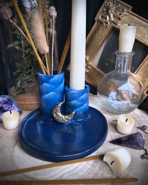 Happy Saturday!✨ Looks like it’s going to be the perfect gardening weather today!!!! With that said, I was thinking about this Moon Incense Candle Holder….should I make a Sun version?!🤔 What would that look like? What colour would it be?! *starts scribbling frantically in sketch book* The Moon Incense Holder available now👇🏼 Blackstarclaydesigns.etsy.com Aesthetic Incense, Moon Incense Holder, Meditation Alter, Moon Incense, Third Eye Awakening, Weather Today, Witchy Decor, Celestial Art, All Seeing Eye