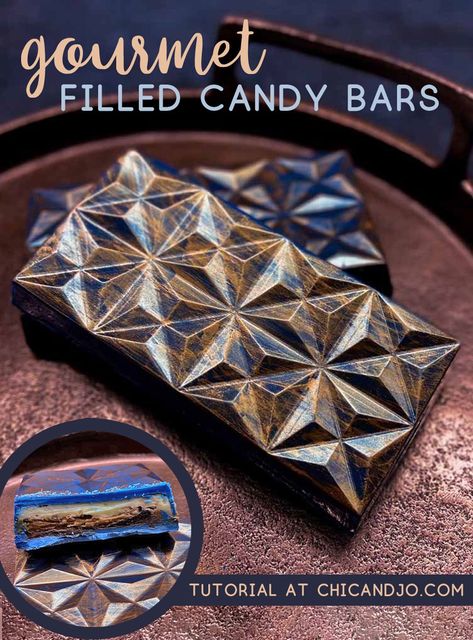 Gourmet Filled Chocolate Candy Bars | Chica and Jo Chocolate Fillings Candy, Stuffed Chocolate Bar Recipe, Chocolate Bar Filling Ideas, Decorated Chocolate Bars, Chocolate Bar Filling, Gourmet Chocolate Bars, Chocolate Bar Recipes Homemade, Knafeh Chocolate Bar, Artisan Chocolate Bars