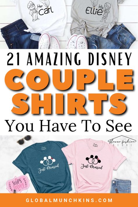 Couples Shirts Disney, Disney Couple Shirt, Disney Parks Outfits Couples, His And Her Disney Shirts, Disney Shirt Ideas Couples, Couple Outfits Disney World, Disney Engagement Shirts, Disney World Couple Outfits, Matching Disney Outfits Couples