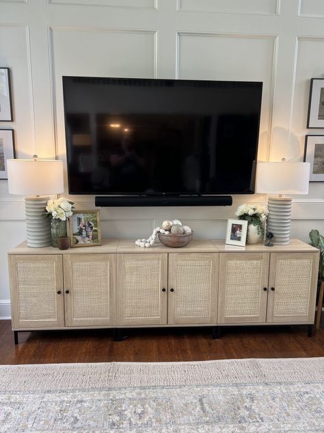 Cabinets For Tv Stand, Buffet Cabinet Under Tv, Basement Console Table, Side Board Tables, Coastal Console Cabinet, Living Room Decor Tv Console, Large Tv Stand Decor, Buffet Tv Console, Buffet Cabinet In Living Room