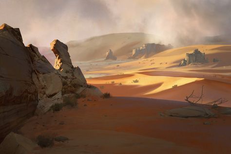 Desert2~ by weiyong on DeviantArt / paysage / désert Environment Painting, Desert Environment, Desert Scene, Splash Art, Landscape Concept, Desert Art, Biome, Fantasy Setting, Fantasy Places