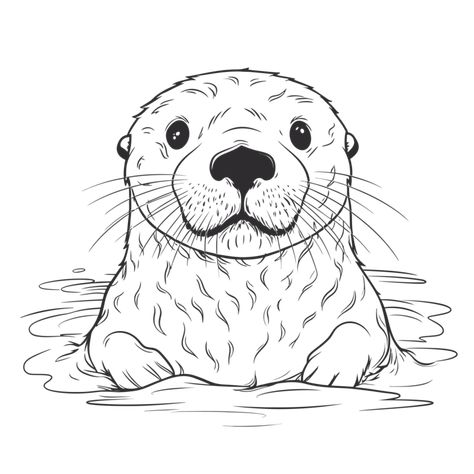 Otter Drawing Wallpaper, Otter Drawing Simple, Cute Otter Drawing, Seal In Water, Cute Otters Drawing, Otter Drawing, Template Drawing, Wave Drawing, Otters Cute