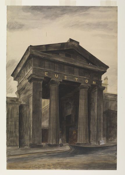 'Doric arch, Euston Station'. Barbara Jones. Watercolour and body colour painting on paper. 1943. Mud Flood, Euston Station, Historic London, Historical London, Architectural Illustration, London Buildings, London Family, Building Drawing, London History