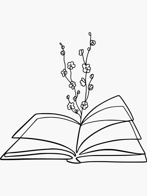 "Flowery open book. One line art book with flowers." Sticker for Sale by AnmarkArt | Redbubble Books And Flowers Tattoo Design, Line Art Design Book, Flowers Coming Out Of Book Drawing, Books And Flowers Drawing, Books Outline Drawing, Book One Line Drawing, Book Line Art Tattoo, Open Book Line Art, Books Sketch Drawing