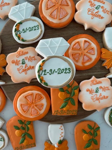 Aperol Spritz Bridal Shower Cookies, Citrus Engagement Party, Citrus Cookies Decorated, Citrus And Sunset Bridal Shower Theme, Aperol Spritz Cookies, Citrus Bridal Shower Cookies, Orange Themed Bridal Shower Ideas, Orange Bridal Shower Theme, Main Squeeze Bridal Shower Theme Orange