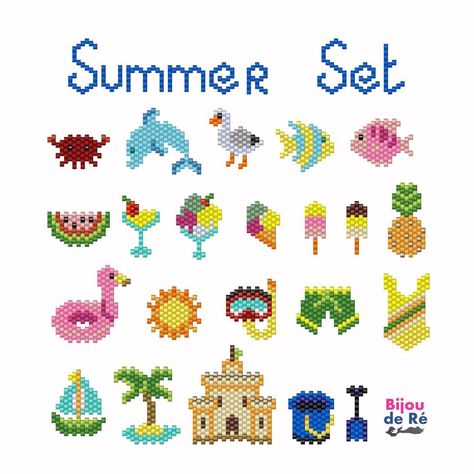 Seed Bead Crafts, Brick Stitch Pattern, Brick Stitch Earrings, Bead Weaving Patterns, Bead Loom Patterns, Bead Stitching, Beaded Animals, Miyuki Beads, Summer Set