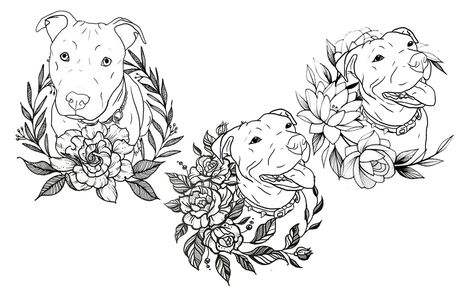 Dog Flower Crown Tattoo, Pitbull With Flowers Tattoo, Fine Line Dog Tattoo With Flowers, Dog Mandala Tattoo, Pitbull Memorial Tattoo, Dog With Flowers Tattoo, Pitbull Tattoo For Women, Floral Dog Tattoo, Staffy Tattoos