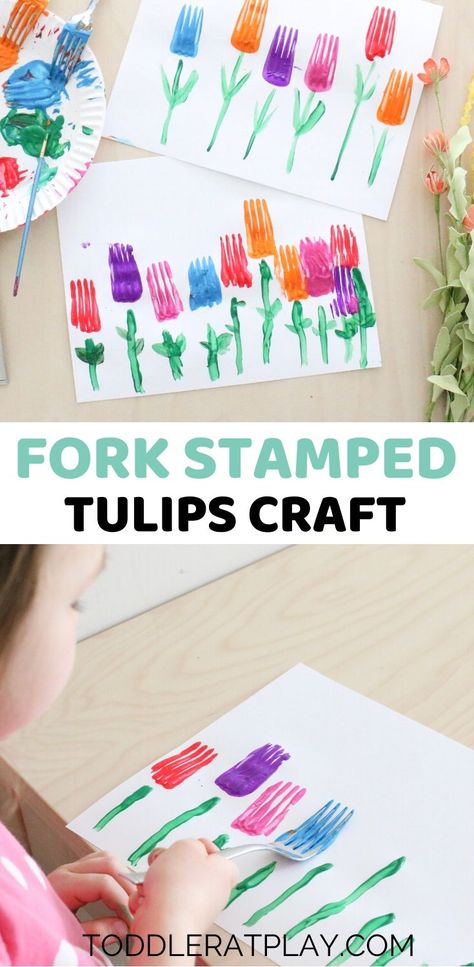 This Fork Stamped Tulips Craft is a fun and unique Spring craft perfect for toddlers and preschoolers!  #forkpainting #tulipcraft #springcrafts #craftsforkids Tk Arts And Crafts, Preschool Gardening, Silly Crafts, Aktiviti Tadika, Garden Installation, Spring Arts And Crafts, Babysitting Crafts, Garden Unit, Storytime Crafts