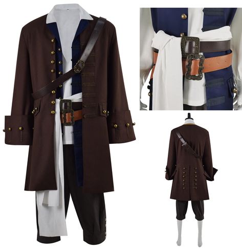 PRICES MAY VARY. Mens Jack Sparrow Costume Captain Cosplay Full Set with Belt Jackie Coat Jacket Halloween Uniform Package including: Brown Jacket*1, White Shirt*1, Blue Vest*1, White Belt*1, Leather Belt*3.Shown in the pictures. Feature: We designed this costume based on the classic "Jack Sparrow" character, with a wide jacket, with a double-sided tank top in different colors, and with multiple distinctive belts. Jacket front double breasted design, gentleman and handsome. This outfit will defi Jack Sparrow Character, Jack Sparrow Costume, Blue Vest, Blue Vests, Jack Sparrow, White Belt, Brown Jacket, Full Set, White Shirt