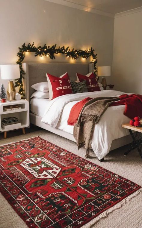 25 Christmas Bedroom Decor Ideas to Create a Holiday Sanctuary Christmas Bedroom Decor Ideas, Christmas Bedroom Decor, Holiday Scented Candles, Dream Christmas, Green Garland, Christmas Decorations Bedroom, Hanging Stockings, Bedroom Decorations, Christmas Family Photos