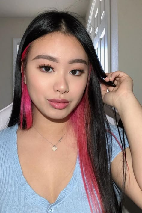 @ManicPanic @bibianbabe Can’t make any promises for not deleting this in a couple weeks🥲 • • • • #hothotpink #manicpanic #manicpanicnyc Black Hair With Pink Underneath, Pink Underdye Hair, Pink Underneath Hair, Pink Peekaboo Hair, Under Hair Dye, Underdye Hair, Pink Hair Streaks, Pink Hair Highlights, Peekaboo Hair Colors