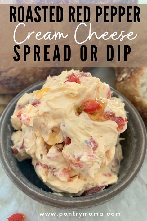 Roasted Red Pepper Cream Cheese Dip can be used as a spread or dip on your favorite bread and crackers. Uses just 2 ingredients! Cream Cheese Dip For Crackers Sweet, Roasted Red Pepper Dip Cream Cheese, Sourdough Toppings, Roasted Red Pepper Cream Cheese, Red Pepper Cream Cheese, Sourdough Snacks, Flavoured Cream Cheese, Pepper Cream Cheese, Pantry Mama