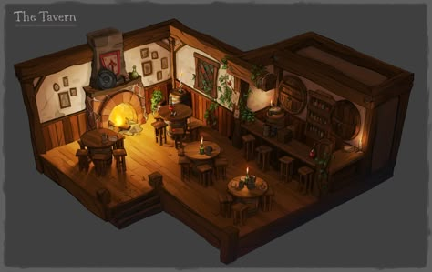 ArtStation - The Tavern, Gaëlle Mazeau--Triaut Tavern Themed Kitchen, Fantasy Tavern Concept Art, Dnd Party Art Tavern, Tavern Drawing Concept Art, Fantasy Tavern Aesthetic, Tavern Concept Art, Tavern Furniture, Fantasy Tavern Art, Medieval Tavern Concept Art