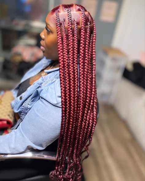 Red Medium Knotless Braids, Medium Knotless Braids Burgundy, Red Large Knotless Braids, Large Red Knotless Box Braids, Burgundy Large Knotless Braids, 99j Goddess Box Braids, Large Knotless Burgundy, Jumbo Knotless Box Braids Burgundy, Dark Red Knotless Braids