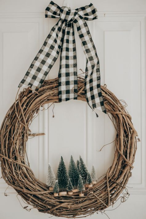 grapevine chrismas wreath hanging on door Wreath Ribbon Hanging, Front Door Christmas Decor Diy, How To Hang A Wreath With Ribbon, Hang Wreath With Ribbon, Wreath Hanging From Ribbon, Hang A Wreath With Ribbon, Easy Diy Christmas Wreath, Front Door Christmas Decor, Door Christmas Decor