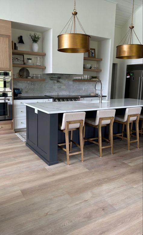 Kitchen with new Stoneform flooring Gold Accents Kitchen, Modern Kitchen Inspiration, 2024 Kitchen, Becki Owens, Lighting Wall, Diy Flooring, Floor Colors, Plank Flooring, Hardwood Flooring