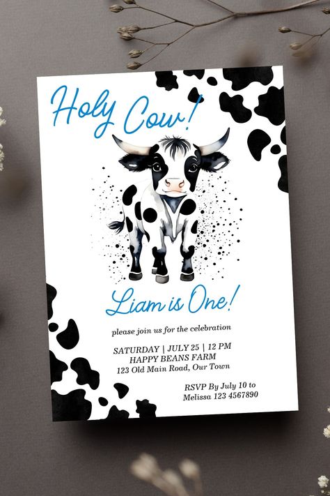 Holy cow birthday party template invitation instant download cute baby bull first birthday black Cow Birthday Party, Birthday Party Template, Cow Birthday Parties, Template Invitation, Cow Birthday, Party Template, Party Trends, Blue Cute, Cute Cow