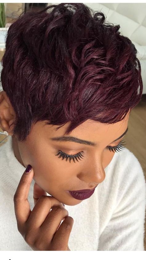 Pixie Hairstyles Color Ideas, Burgundy Bangs, Short Hair Cuts For Black Women Relaxed, Short Black Wig, Short Hairdo, Short Hair Color Ideas, Colored Hairstyles, Black Hair Short Cuts, Short Sassy Haircuts