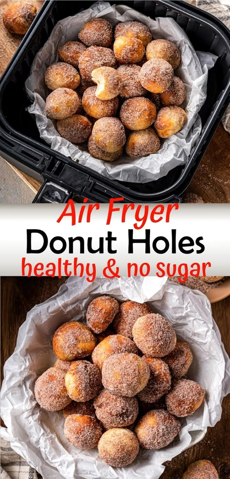 Indulge in the delightful taste of donut holes without the guilt! These air fryer wonders are perfectly sweetened without any added sugar, making them a healthier choice for satisfying your sweet tooth. Perfect for breakfast, a snack, or a dessert, these treats are easy to make and even easier to enjoy. Embrace the joy of guilt-free snacking with this simple and delicious recipe that everyone will love. Sweet Snack Ideas, Air Fryer Donut Holes, Air Fry Donuts, Donut Holes Recipe, Air Fryer Recipes Dessert, Healthy Air Fryer, Healthy Donuts, Air Fryer Oven Recipes, Air Fry Recipes