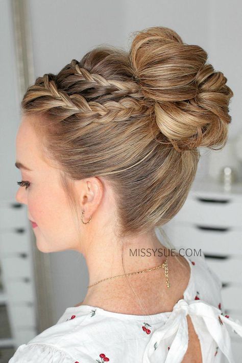 Braid High Bun, Diy Hair Updos, Easy Formal Hairstyles, Missy Sue, High Bun Hairstyles, Braid Bun, Lace Braid, Hair Knot, High Bun