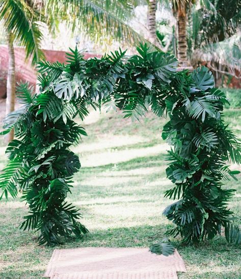 Green Wedding Shoes Blog, Leaf Backdrop, Tropical Wedding Theme, Tropical Florals, Greenery Centerpiece, Wedding Venue Decorations, Maui Weddings, Wedding Leaves, Fall Centerpiece