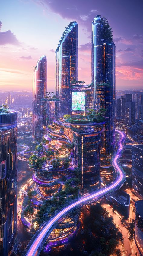 **Explore a Futuristic Urban Landscape with Smart Skyscrapers and Drone Highways**   Immerse yourself in a stunning futuristic city filled with biointegrated skyscrapers adorned with lush vertical gardens. Drone highways elegantly weave above a vibrant park boasting captivating holographic sculptures. As dusk falls, glowing pathways light up the city, creating a mesmerizing atmosphere. #FuturisticCity #SmartSkyscrapers #DroneHighways #midjourney Futuristic Japanese City, Futuristic City Dystopia, Fantasy Skyscraper, Futuristic Castle, Cyberpunk City Aesthetic, Sci Fi Apartment, Cyberpunk Landscape, Futuristic Skyscraper, Futuristic City Utopia