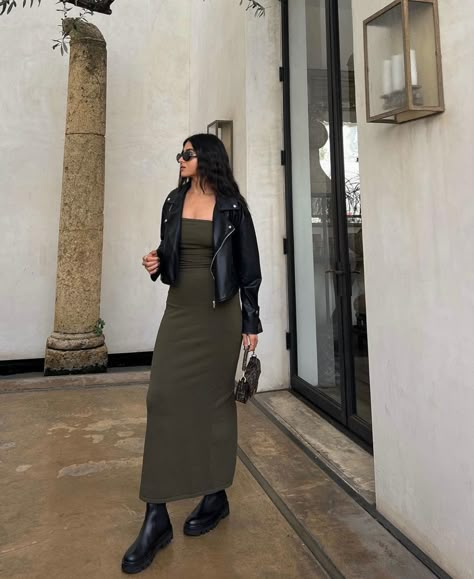 Non Dress Party Outfit, Long Black Dress For Fall, Winter Dress Ideas For Women, Dress With Vest Fall Outfits, Long Black Maxi Dress Outfit Fall, Long Skirt Date Outfit, Long Black Dress Fall, Long Dress Leather Jacket Outfit, Modest Night Club Outfit