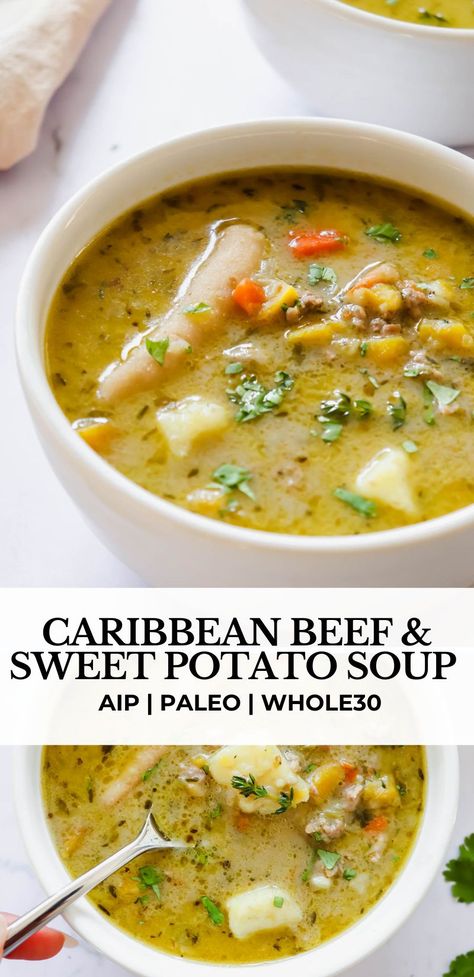 This delicious Caribbean Beef and Sweet Potato Soup will give you all of those warm, island vibes made with ground beef, creamy coconut milk, white sweet potatoes, fresh thyme and cilantro. It’s AIP, paleo and Whole30 compliant.This is the perfect Fall soup!#aiprecipes #paleorecipes #paleo #comfortfood #beefsoup #grainfree #soup #caribbean #fallsoup #aip #whole30dinner #whole30 #dumplings #caribbeansoup Aip Diet Recipes, Aip Paleo Recipes, Beef Soup Recipes, Paleo Soup, Soup With Ground Beef, Ground Beef Dishes, Aip Recipes, Ground Beef Recipes For Dinner, Sweet Potato Soup