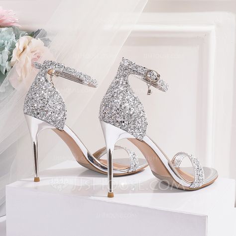 Women's Leatherette Sparkling Glitter Stiletto Heel Peep Toe Sandals With Sequin (047219334) - JJ's House Silver Sparkle Shoes, Pretty Wedding Heels, Wedding Shoes Bride Heels Sparkle, Good Heels Prom, Sparkly High Heels Prom, White Glitter Heels, Wedding Manifestation, Wedding Heels Brides, Aesthetic Sandals