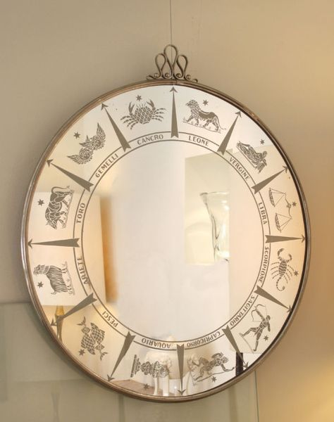 astrology furniture | Mirror with etched astrological decoration, Gio Ponti, Italian image 2 Astrology Party, Fireplace Mirrors, Constellation Decor, Celestial Room, Metal Framed Mirror, Mantel Mirrors, Uni Room, Metal Frame Mirror, Gio Ponti