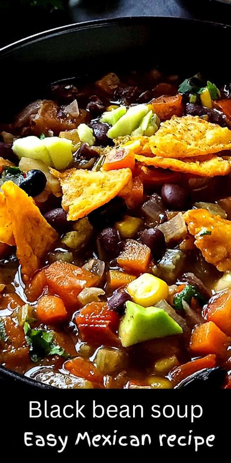 This black bean soup is a hearty, comforting Mexican soup loaded with flavors. Made with simple ingredients this irresistibly delicious black bean and corn soup is vegan and gluten-free. It's filling enough to be enjoyed as a meal too. Mexican Black Bean Soup Recipe, Black Bean Soups, Mexican Bean Soup Recipes, Black Bean Soup With Ham, Bean And Corn Soup, Mexican Bean Soup, Soul Recipes, Easy Black Bean Soup, Black Bean Soup Recipe