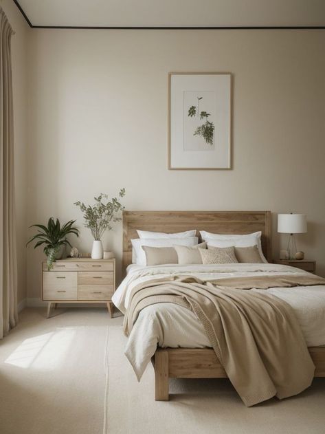 Create a calming and minimalist aesthetic by using neutral colors like beige or white for your walls. Incorporate natural elements such as indoor plants and wooden furniture to add warmth and depth to the room. Minimalist Bedroom Aesthetic, Neutral Minimalist Bedroom, Aesthetic Hacks, Wall Color Combination, Parents Bedroom, Wooden Bedroom Furniture, Beige Room, Bedroom Color Combination, Bedroom Redesign