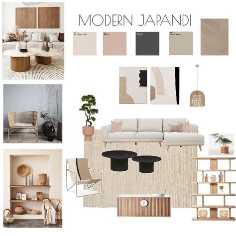 Interior Design Boards Living Room, Japandi Style Interior Design Living Room, Warm Neutral Rugs, Modern Design Mood Board, Japandi Style Artwork, Japandi Living Room Mood Board, Interior Design Inspo Board, Beige And Black Interior Design, Japandi Mood Board Interior Design