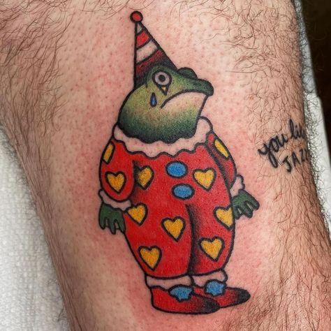 Matching Clown Tattoos, Clown Frog Tattoo, Silly Clown Tattoo, American Traditional Clown Tattoo, Clown Traditional Tattoo, Traditional Tattoos Clown, Clown Cat Tattoo, Clown Animal Tattoo, Black And Grey Clown Tattoo