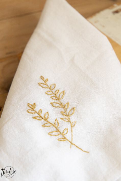 Easy DIY Embroidered Tea Towels - Twelve On Main Embroider Napkins Diy, Embroider Tea Towels Diy, Embroidery Napkins Patterns, Napkin Embroidery Patterns, Hand Embroidered Napkins Diy, Embroidery On Tea Towels, Embroidery Dish Towels Patterns, Tea Towel Embroidery Ideas, Tea Towel Embroidery Patterns Free