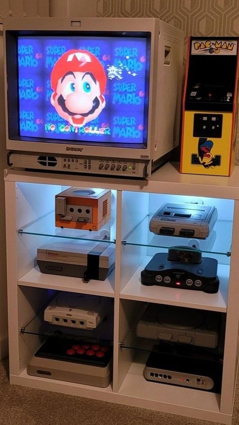 Nintendo Video Games and Retro Consoles Gaming Aesthetic Old Game System Display, Retro Console Display, Retro Game Setup, Retro Gaming Bedroom, Retro Gaming Console, Vintage Video Game Room, Retro Game Room Ideas, Game Console Setup, Vintage Gaming Room