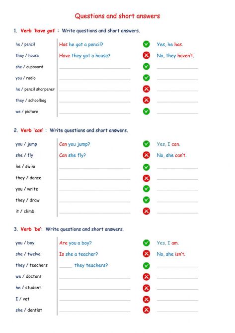 Can Questions Worksheet, Short Questions To Ask, Short Answers Worksheet, Esl Worksheets For Beginners, Verb To Have, English Grammar Exercises, Kids Questions, Esl Teaching Resources, English Teaching Materials