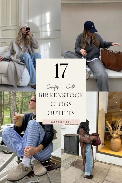 Looking for cozy and stylish outfit inspiration this fall and winter? Check out these cute and comfy Birkenstock clogs outfit ideas! From casual, laid-back looks to chic, layered styles, Birkenstock clogs are the perfect addition to your seasonal wardrobe. Whether you're running errands or meeting friends for coffee, these outfit ideas will keep you feeling cozy and cute all season long. Get inspired with the best Birkenstock clogs outfit ideas for fall and winter! #BirkenstockClogsOutfit Cardigan And Baseball Hat Outfit, Birkenstock With Joggers, Birkenstock Clog Outfit Fall, Flare Jeans And Birkenstocks Outfit, Birkenstock Potato Shoes Outfit, Fur Lined Clogs Outfit, Socks And Clogs Outfit, Chunky Birkenstock Outfit, Wide Leg Jeans And Clogs Outfit