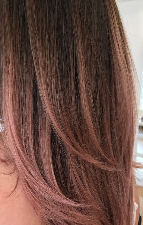 Brown Hair No Bleach, Pink Rose Gold Hair, Rose Gold Brown Hair, Rose Gold Hair Brunette, Balayage Straight Hair, Camila Morrone, Brown Hair Balayage, Pink Highlights, Hair Color Pink