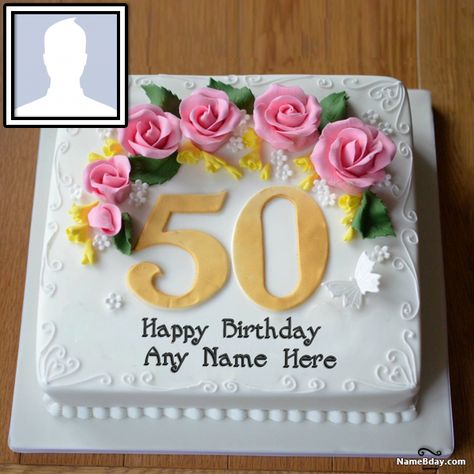 Happy 50th Birthday Cake With Name And Photo Happy 50th Birthday Cake, 50th Birthday Cake Images, Pastel Rectangular, Birthday Cake Write Name, Anniversary Cake Designs, 50th Birthday Wishes, Number Birthday Cakes, Birthday Cake Writing, 50th Anniversary Cakes