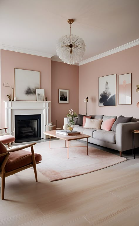 Pink Wall In Living Room, Colour On Walls Living Rooms, Dusty Rose Paint Color Living Room, Beige And Peach Living Room, House Paint Combinations Interior, Blush Pink Walls Living Room, Peach Interior Design Living Room, Living Colour Combination, Peach Wall Paint Living Room