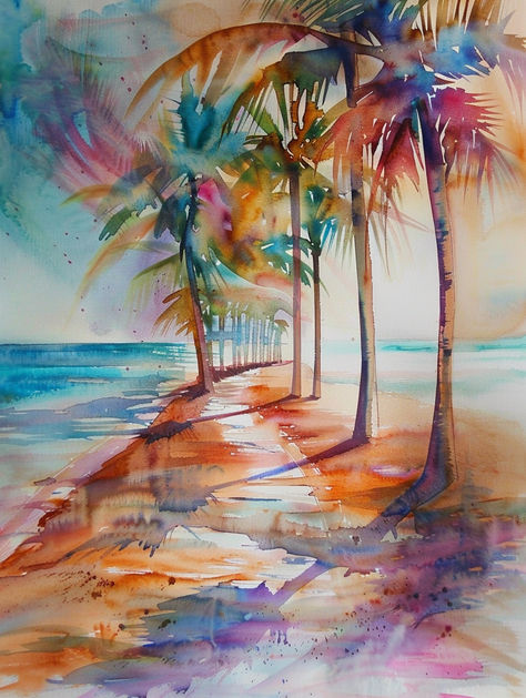 Tropical Art Painting Watercolors, Bird Of Paradise Watercolor Painting, Caribbean Watercolor, Tropical Beach Watercolor, Watercolor Beach Palm Tree, Watercolor Tropical, Beach Landscape, Watercolor Painting, Watercolor Paintings