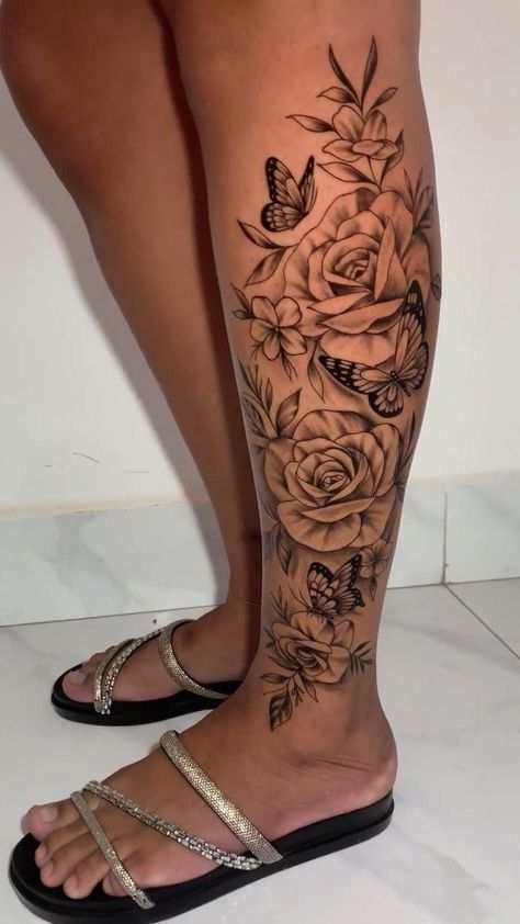 Black Womens Tattoos, Side Of Leg Tattoos Women, Side Leg Tattoos Women, Side Calf Tattoos For Women, Female Leg Tattoos, Tattoo Bein Frau, Match Tattoo, Sunflower Tattoo Shoulder, Botanical Tattoos