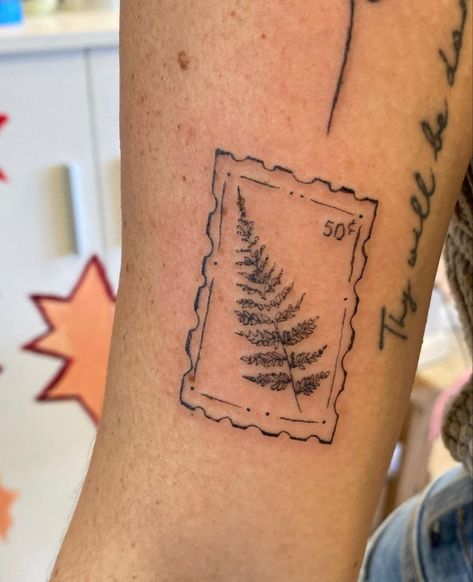 Fern Stamp Tattoo, Nz Inspired Tattoo, Nature Stamp Tattoo, Maine Stamp Tattoo, Oregon Inspired Tattoos, Environmentalist Tattoo, Nz Tattoo Ideas, Granola Girl Tattoo, Granola Tattoo Ideas