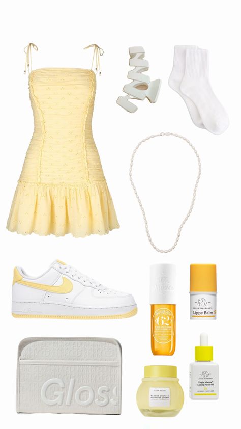 Yellow outfit/products #yellow #outfitinspo #dress #summer Yellow Outfit Inspo Aesthetic, Yellow Concert Outfit, Light Yellow Outfit, Yellow Summer Outfits, Cute Yellow Outfits, Yellow Aesthetic Outfit, Summer Outfits Yellow, Yellow Summer Outfit, Honeycore Aesthetic