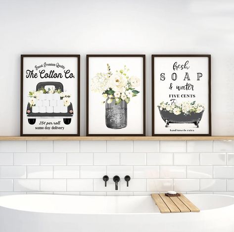 Black And White Farmhouse Bathroom Decor, Farmhouse Bathroom Pictures, Vintage Bathroom Wall Art, Restroom Wall Decor Ideas, Guest Bathroom Wall Decor, Bathroom Picture Ideas Wall Art, Black White Bathroom Decor, Farmhouse Bathroom Wall Art, Black And White Bathroom Decor