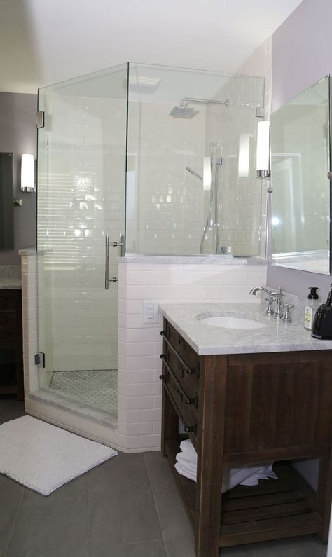 Corner Shower Ideas Walk In, Sink Next To Shower Small Bathroom, Bathroom Stand Up Shower Ideas, Corner Shower Ideas, Coast Bathroom, Stand Up Showers, Man Cave Basement Ideas, Small Attic Room, Ensuite Ideas